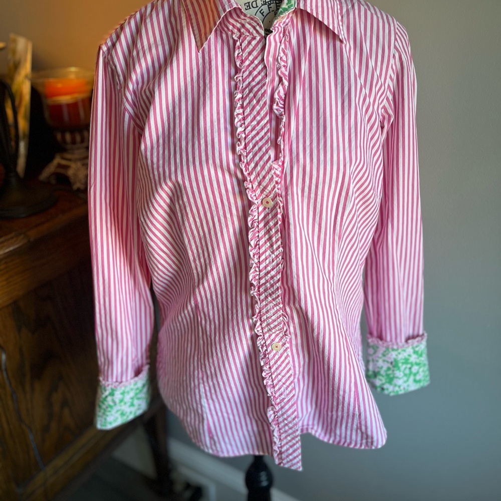 Lilly Pulitzer Pink and White Striped Shirt with Green Floral Accents